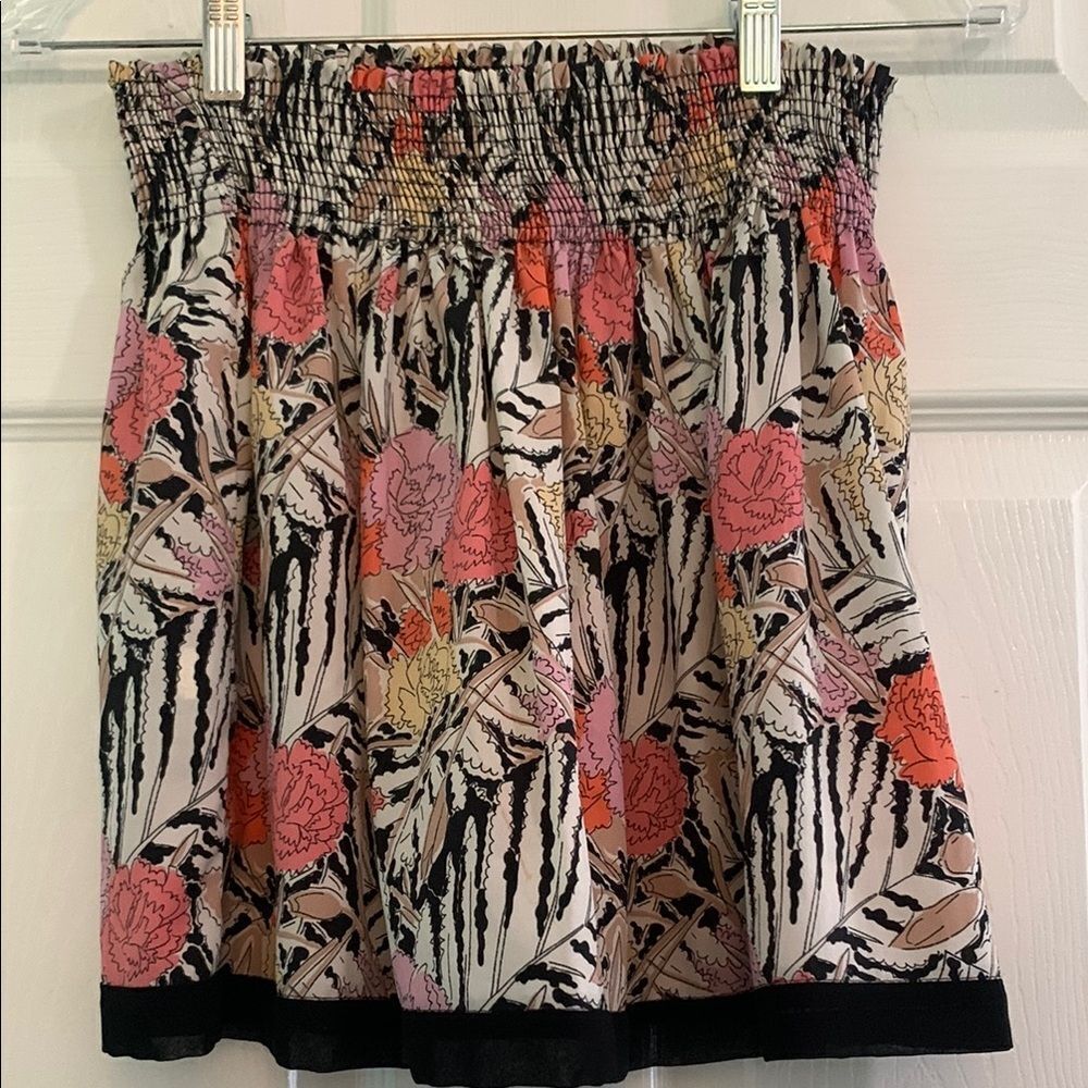 Zara Basic Midi Skirt Black, Coral and Pink Floral Print.  Size Small